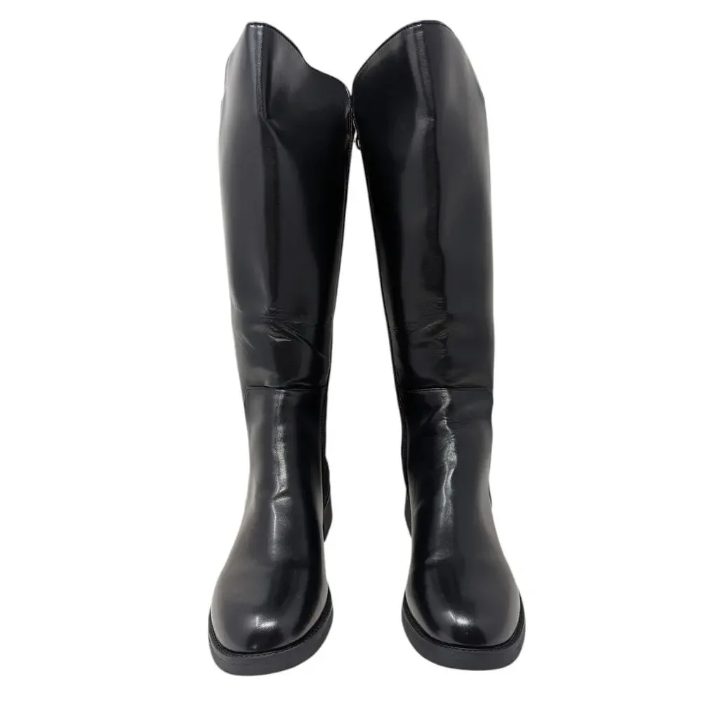 Black Vegan Leather Knee High Riding Boots Wide Calf Size 43 Zip Back Panel